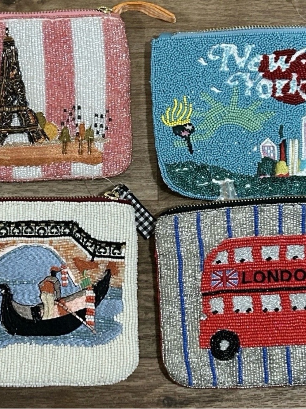 Lot of 4 Anthropologie Beaded Mini Pouches London, Paris, New York, Venice